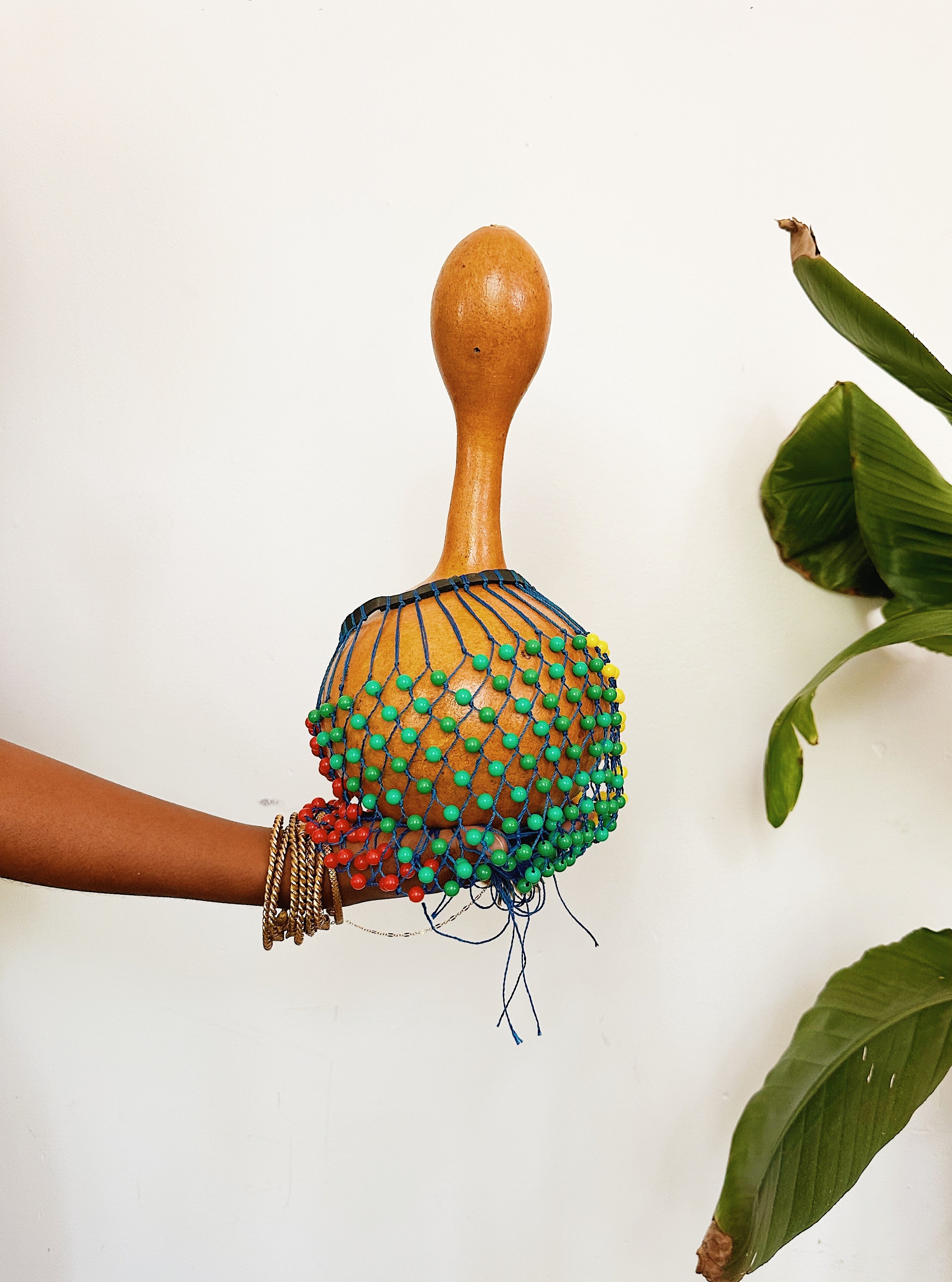 African Axatse Shaker - Handmade Gourd Shekere From Ghana With Natural Beads