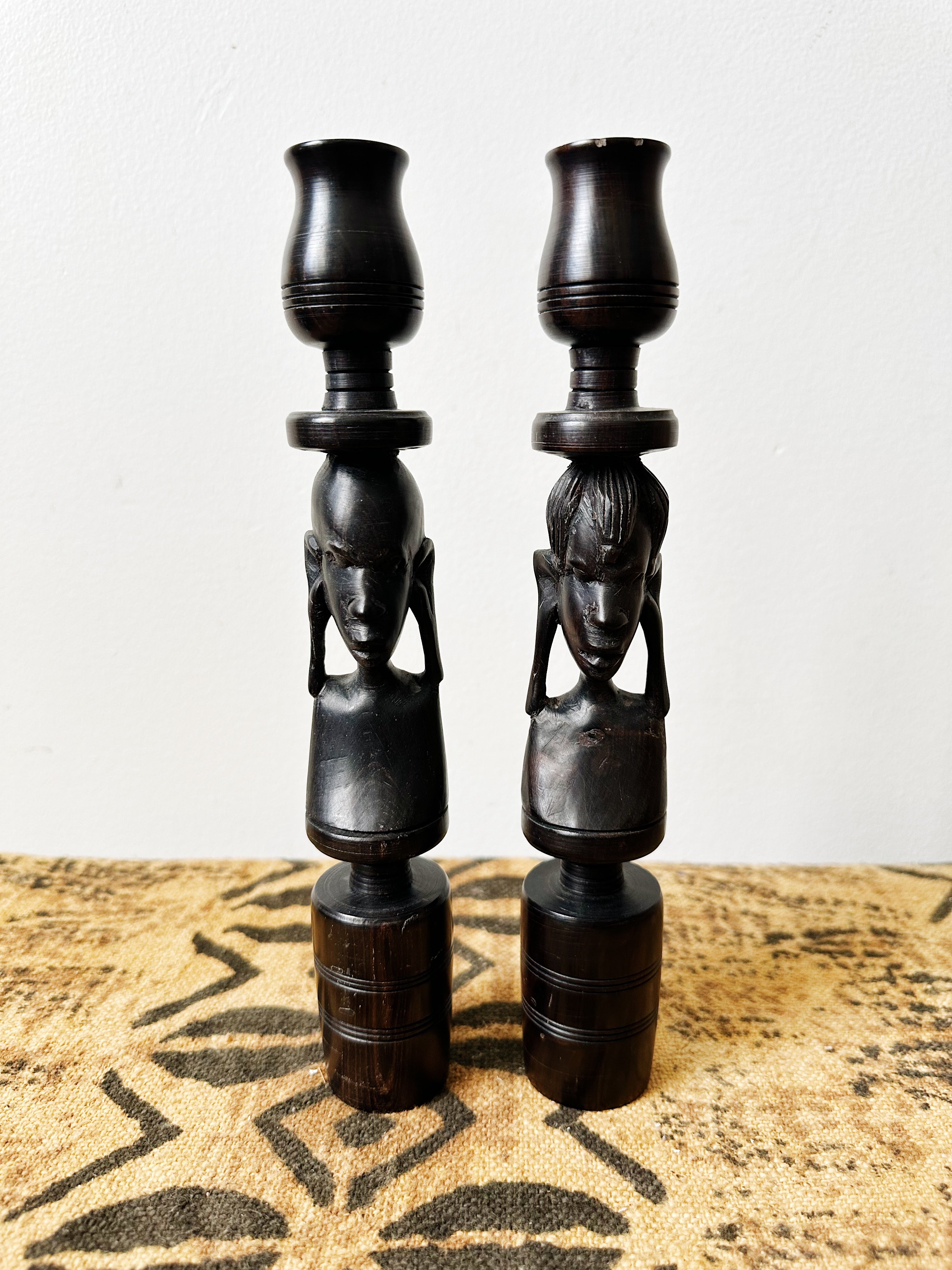 Vintage Hand Carved African Candle Holders (Pair)