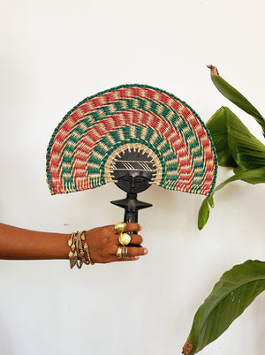 Ashanti Fertility Doll Hand Fan // Green & Red