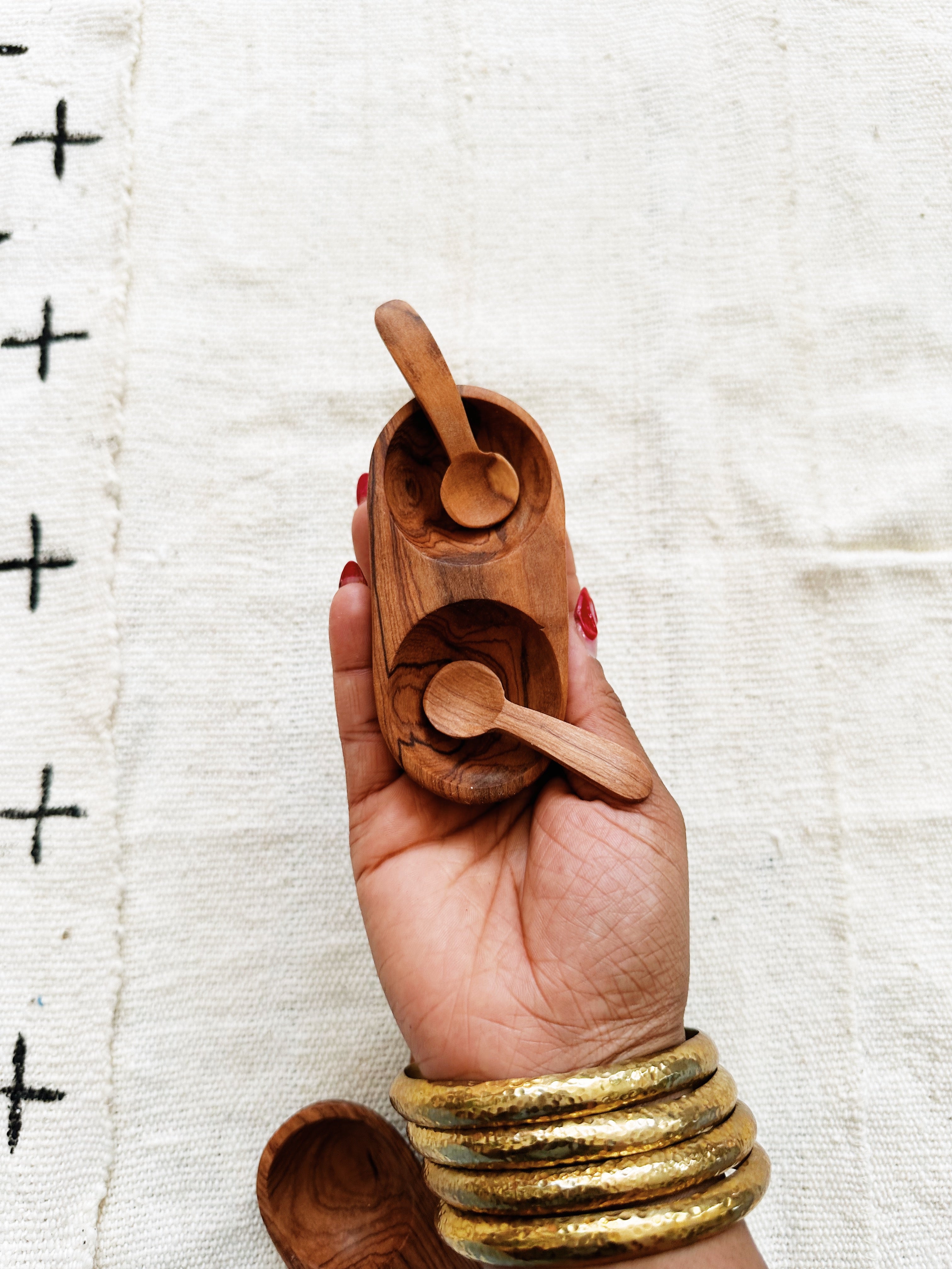 Olive Wood Spice Bowl & Spoons