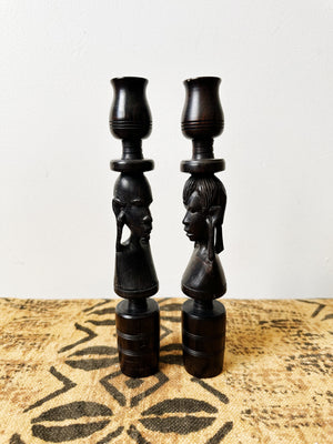 Vintage Hand Carved African Candle Holders (Pair)