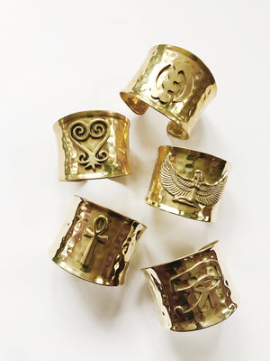 Powerful 5 Cuffs// Isis Goddess, Eye of Horus, Ankh, Sankofa, Gye Nyame