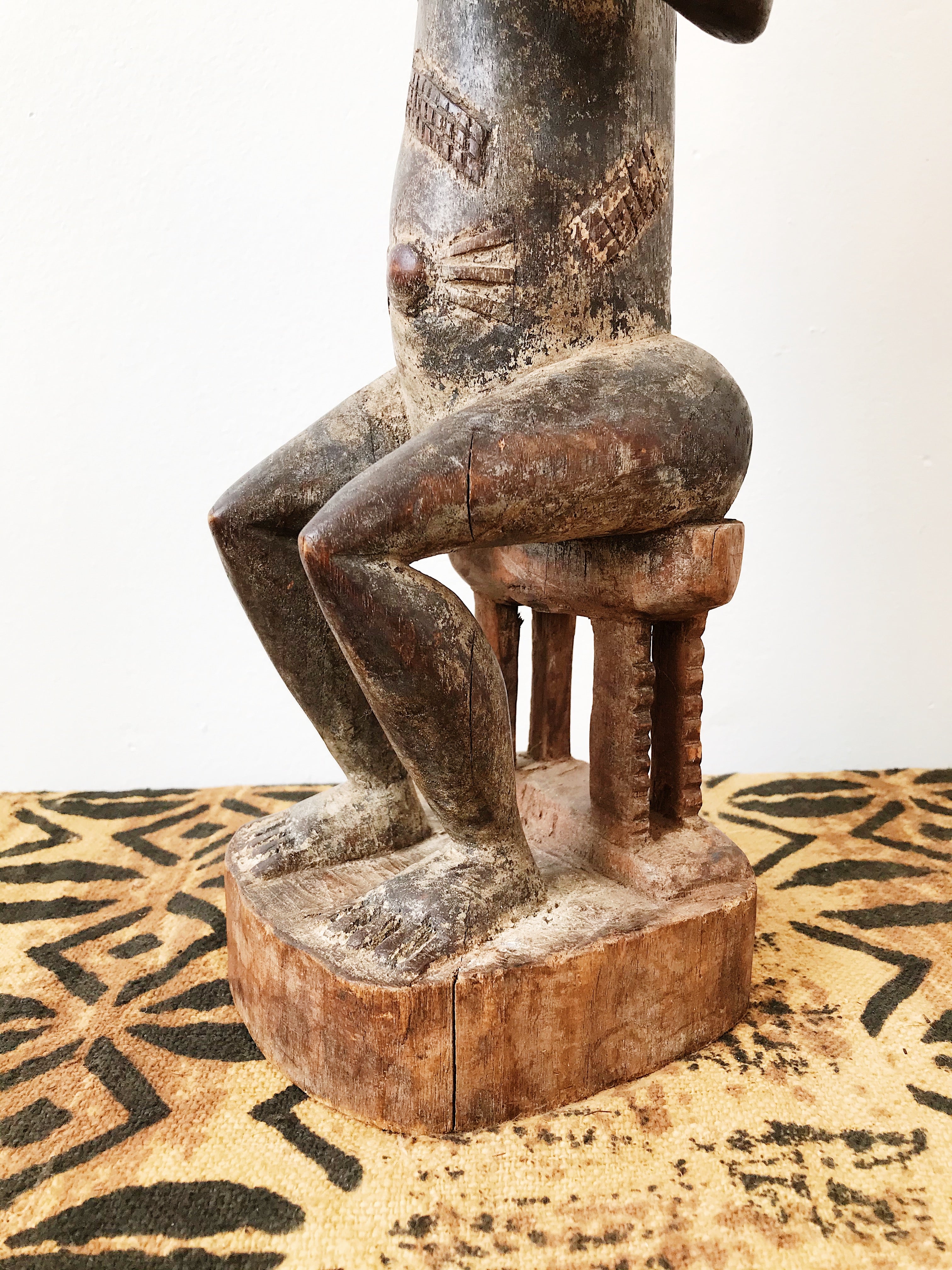 Rare Seated Baule Female Wood Statue