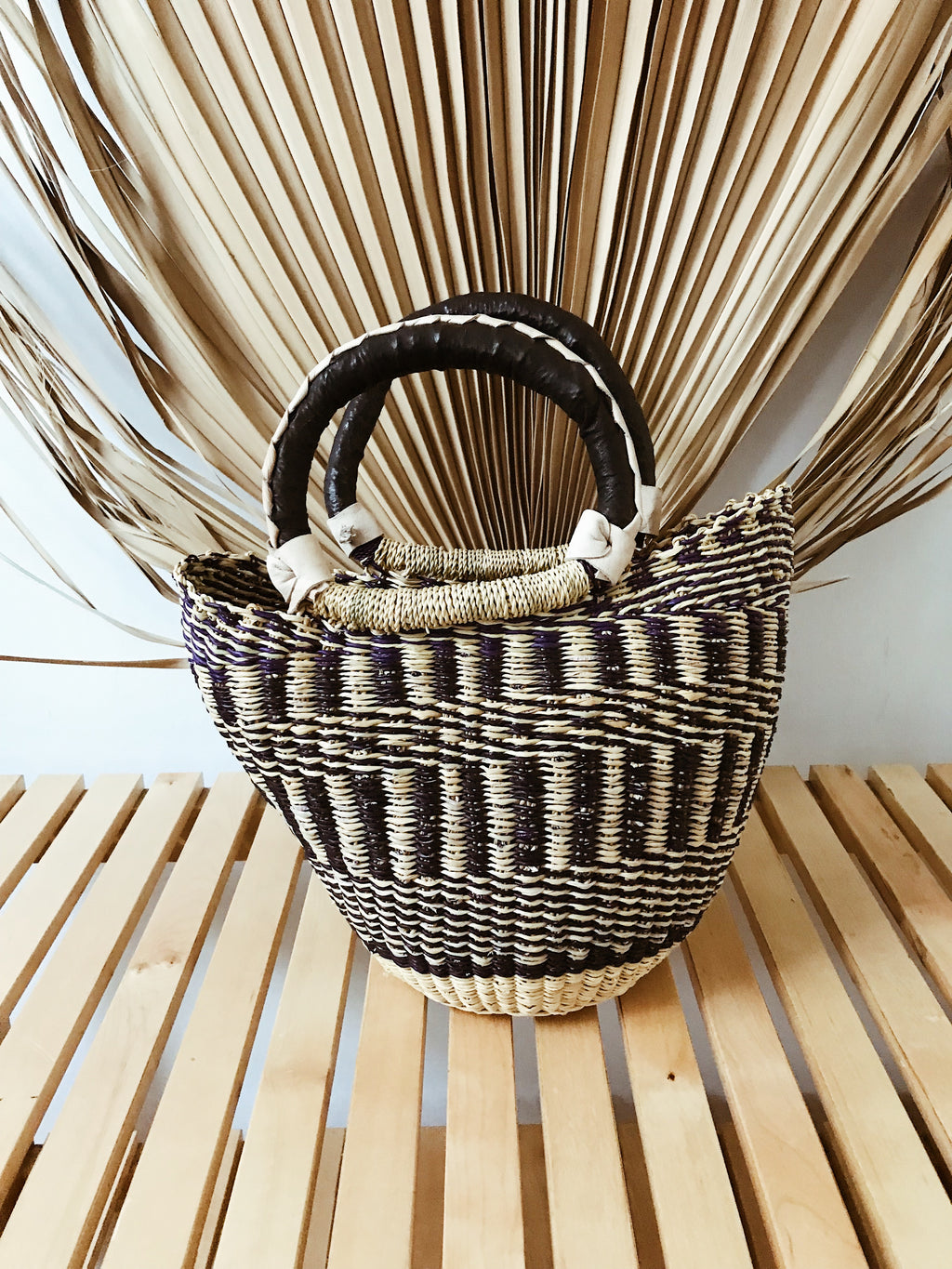 Small Woven African Tote Basket // Natural + Navy